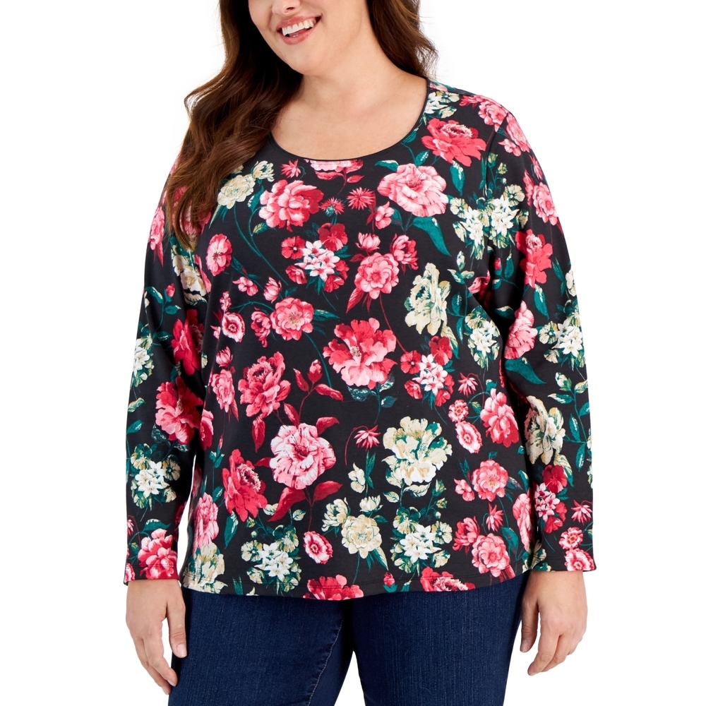Karen Scott Plus Floral Top - Black, Plus Size 3X - Women's Blouse